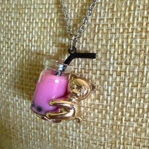 Adorable Gold Teddy Bear with Pink Bubble Tea Pendant Necklace